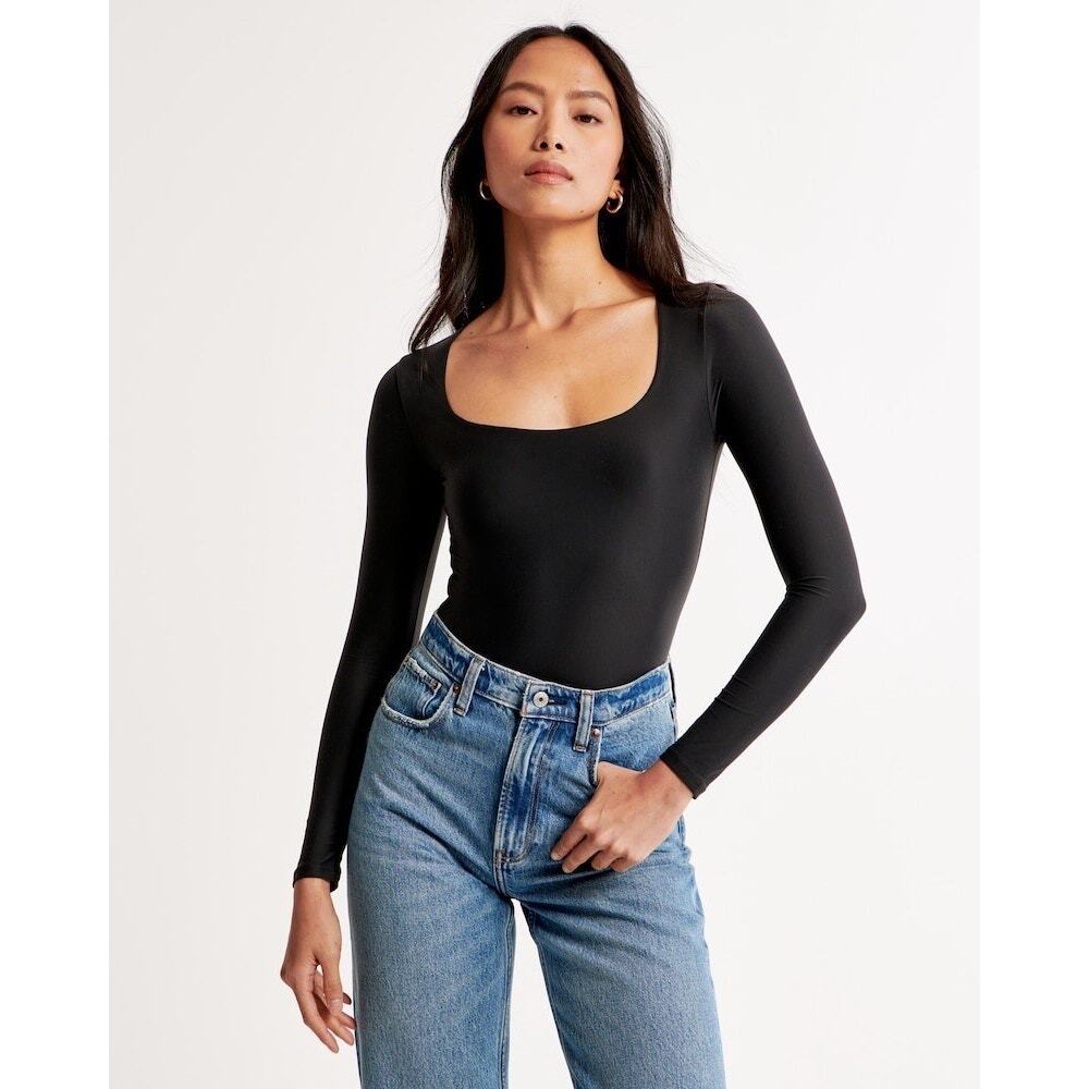 Abercrombie & Fitch Soft AF Square Neck Bodysuit Medium Black Minimal Clean Girl